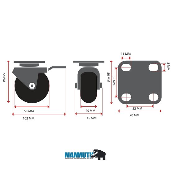 Zwenkwiel met rem PU - 50x25 mm - Zwenk wiel - 45KG - Mammuth