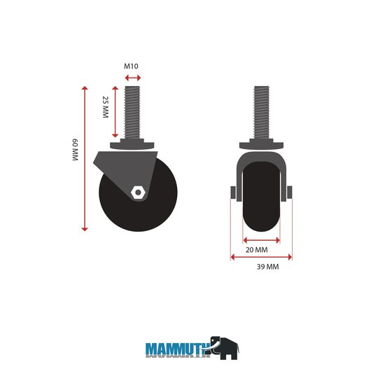 Zwenkwiel PU 40 x 20mm - Draadstang - Meubelwiel - Mammuth