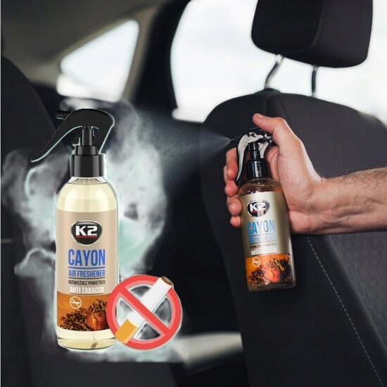 k2 air freshener anti tabak - cayon luchtverfrisser rookgeur neutralisator - flesje met spraykop 250ml autogeur - tabacco lucht verfrisser 