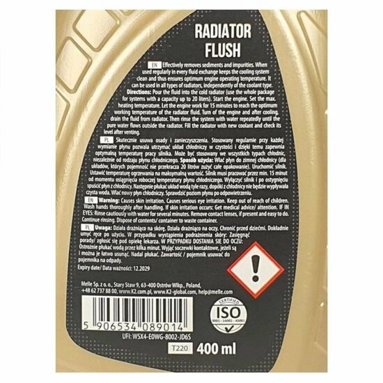 k2 radiatorflush 400 ml - reiniging en bescherming koelsysteem - schoonmaken radiator en koelsysteem - ontvetter - reiniger rad
