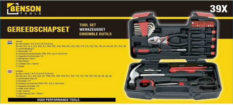 gereedschapsset 39 delig - gereedschapskoffer - handgereedschap set - benson