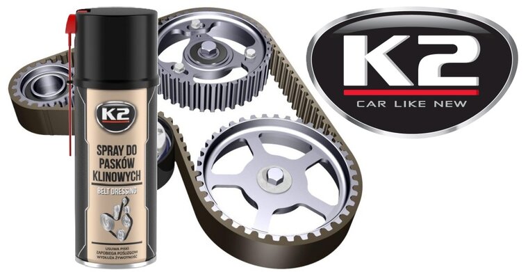 k2 riemspray - v snaar olie om het piepen en geluiden te verminderen - tegen uitdroging - poelieriem onderhoud tegen scheuren -
