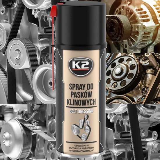 k2 riemspray - v snaar olie om het piepen en geluiden te verminderen - tegen uitdroging - poelieriem onderhoud tegen scheuren -