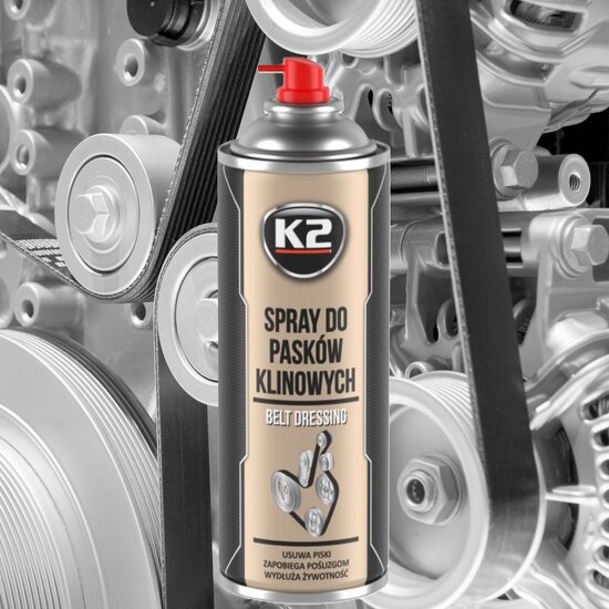 k2 riemspray - v snaar olie om het piepen en geluiden te verminderen - tegen uitdroging - poelieriem onderhoud tegen scheuren -