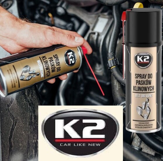 k2 riemspray - v snaar olie om het piepen en geluiden te verminderen - tegen uitdroging - poelieriem onderhoud tegen scheuren -
