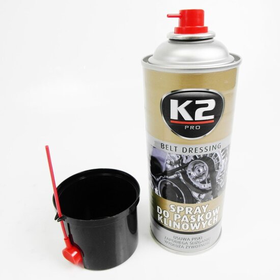 k2 riemspray - v snaar olie om het piepen en geluiden te verminderen - tegen uitdroging - poelieriem onderhoud tegen scheuren -