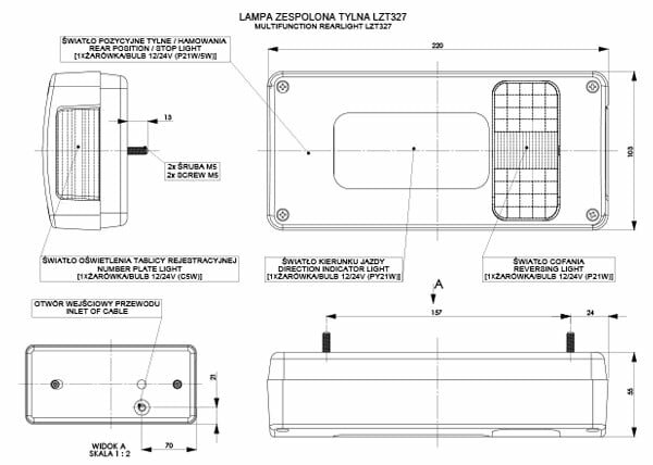 achterlicht links 200x100x55mm - achterlamp - aanhangerlamp - horpol