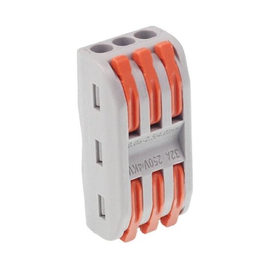 3-weg elektrische snelverbinders, doorvoer, klem, draad tot 2,5 mm2, 10 stuks/verpakking