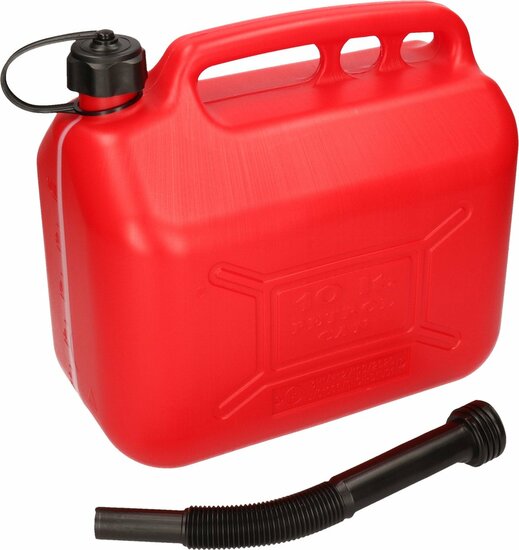 jerrycan met vloeistofindicator - 10 liter inhoud - flexibele tuit - kunststof benzinekan - vloeistof kan - brandstofkan