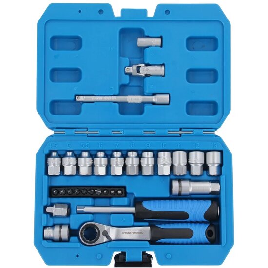 doorsteekdopsleutel set 1/4 - 29 delig met verlengstuk en bits - ratel dopsleutelset - ratel gereedschapset - doppendoos - dopp