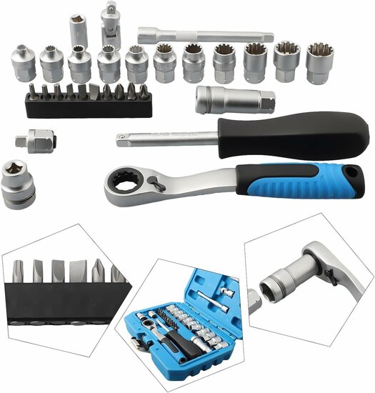 doorsteekdopsleutel set 1/4 - 29 delig met verlengstuk en bits - ratel dopsleutelset - ratel gereedschapset - doppendoos - dopp
