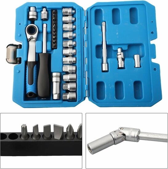 doorsteekdopsleutel set 1/4 - 29 delig met verlengstuk en bits - ratel dopsleutelset - ratel gereedschapset - doppendoos - dopp