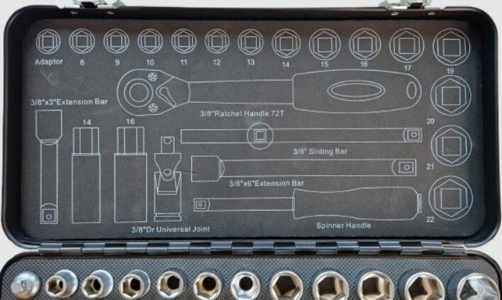 doppenset - 3/8 duims aansluiting - 24 delig - doppendoos - ratelset - xp tools