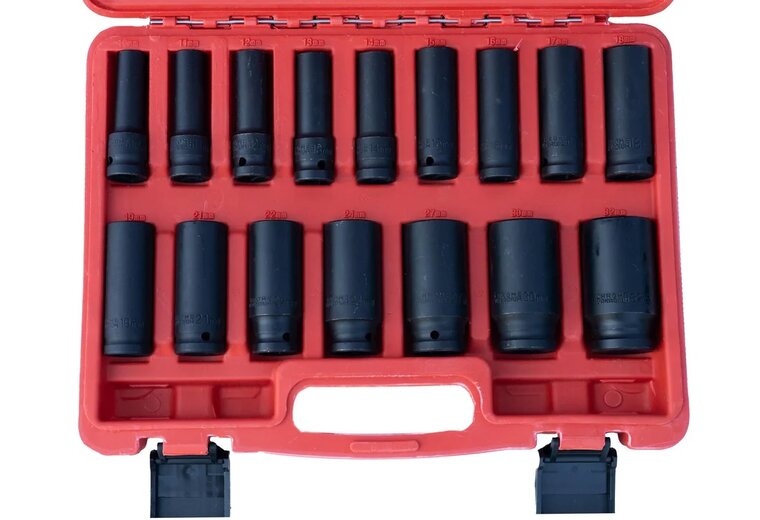 krachtdoppenset - luchtsleutel doppen - 16-delig - 1/2 aansluiting - 10 tot 32 mm - slagdoppen