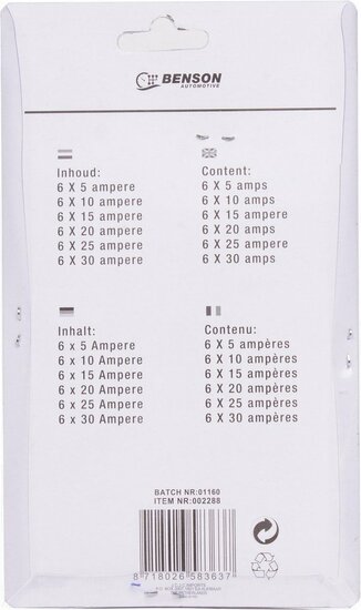 steekzekering standaard - 36 dlg - 5, 10, 15, 20, 25, 30 ampère - benson
