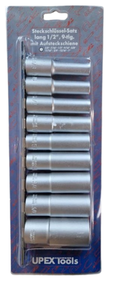 verlengde doppenset - 9-delig - 1/2 aansluiting - 3/8 tot 1 inch - engelse maten - doppenrail - doppenset op rail