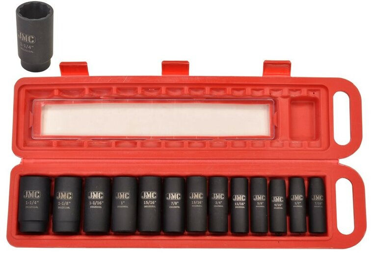 verlengde krachtdoppenset - 13-delig - 1/2 aansluiting - 12-kant - engelse maten - slagdoppen - doppenset - jmc