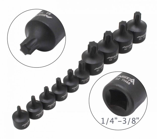kracht torxdoppen set 11 delig - torxdop 1/4 en 3/8&#039;&#039; - torxbitdop - torxbit doppen op rail - asta