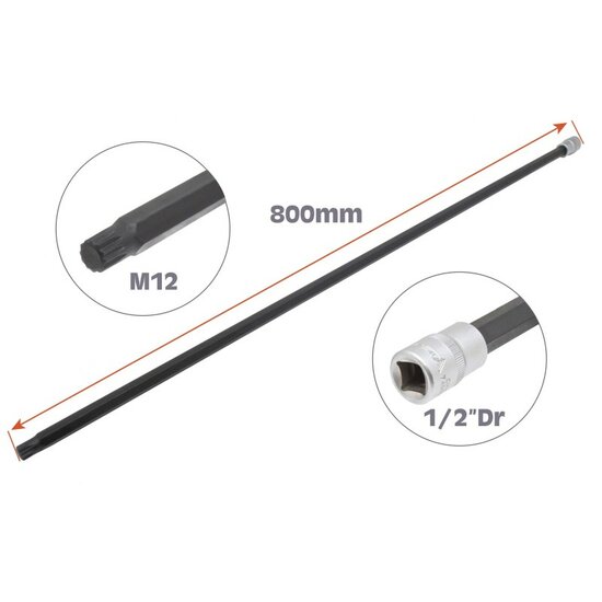 M12 1/2 duims splinedop - 800mm lang fijne vertanding - veeltand uitwendig - 12 tand dop - asta