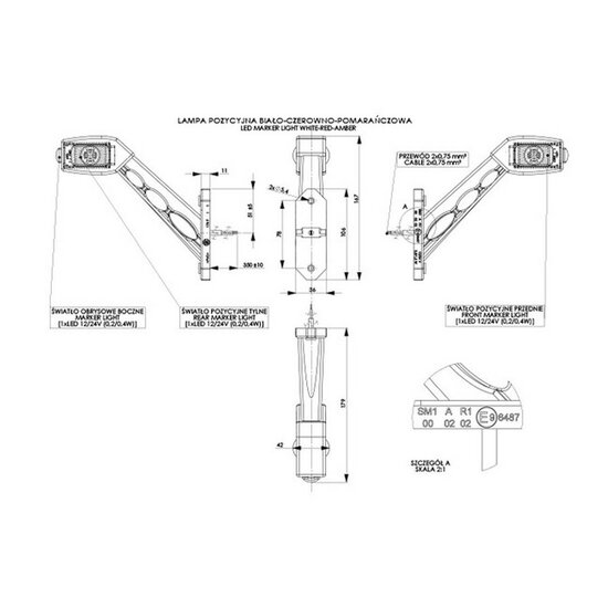 led breedtelamp links 170mm 3x led - aanhanger zijlamp - zijlicht - breedtelicht - contourlamp