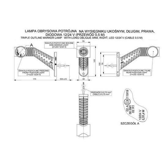 led breedtelamp rechts 170mm 4x led - aanhanger zijlamp - zijlicht - breedtelicht