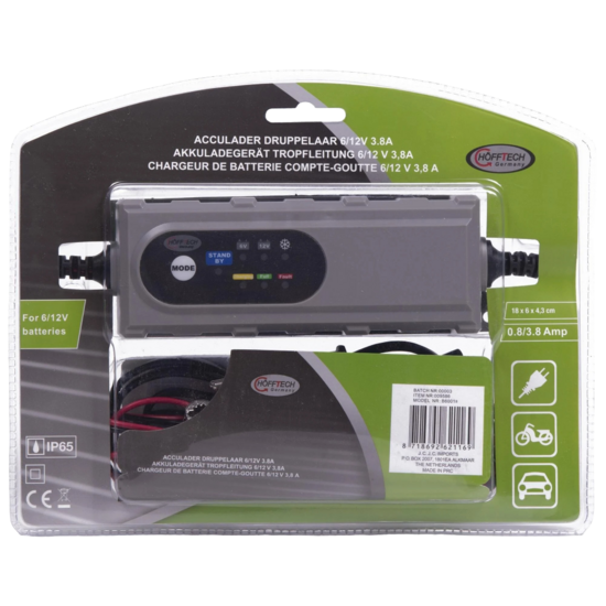 acculader - batterijlader - 6 of 12 volt - 3.8 amp&egrave;re - druppelaar - laadapparaat - h&ouml;fftech