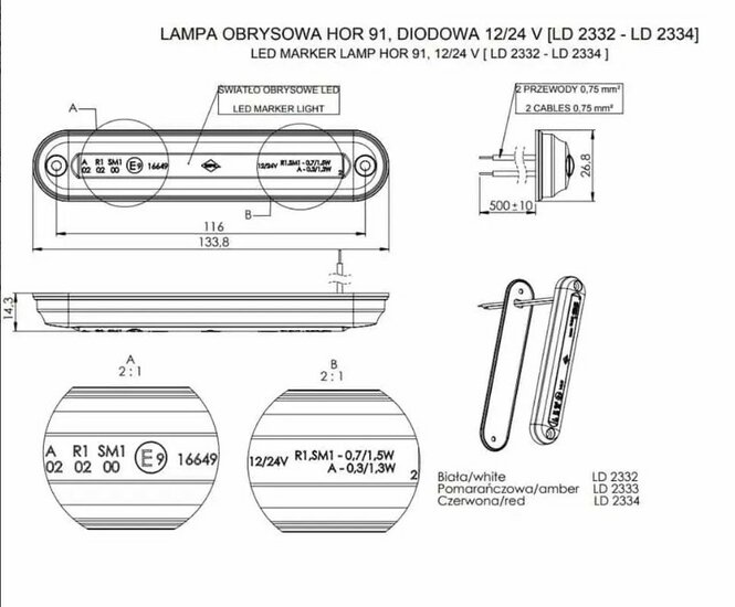 led zijmarkeringslamp universeel oranje 6x led - led contourlamp - led zijlamp - breedtelamp