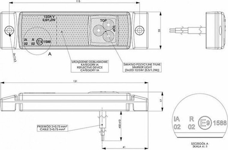 led zijmarkeringslamp universeel rood 3x led - led contourlamp - zij lamp - led breedtelamp