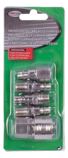 luchtgereedschap accessoires set - snelkoppeling - luchtnippel - luchtkoppeling 5 delig - h&ouml;fftech