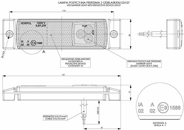 led zijmarkeringslamp inclusief 5m kabel universeel wit 3x led - contourlamp - led zijlamp - breedtelamp