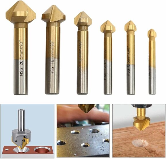 conische verzinkboorset - 6,3 tot 20,5 mm - afbraamboren - 6 dlg - boor set - verzinkfrees - geko