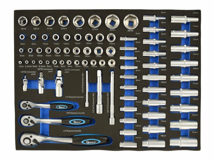 foam inlay doppenset 80 delig - doppendoos 1/4 - 3/8 en 1/2 duims - ratelset - gereedschapsset - geko