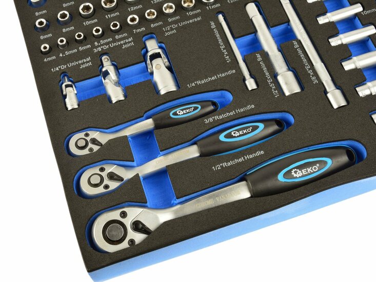 foam inlay doppenset 80 delig - doppendoos 1/4 - 3/8 en 1/2 duims - ratelset - gereedschapsset - geko