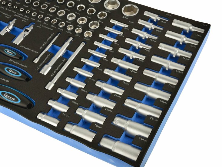 foam inlay doppenset 80 delig - doppendoos 1/4 - 3/8 en 1/2 duims - ratelset - gereedschapsset - geko