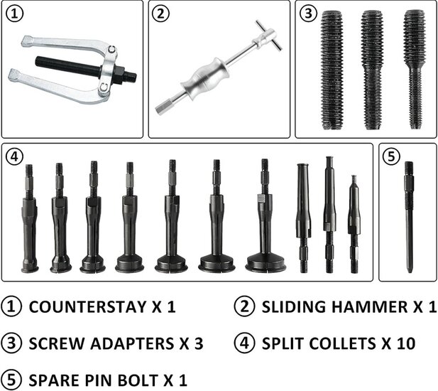binnenlager trekker set - poelietrekker 16 delig - kogellagertrekker - lagertrekker - wiellager trekset