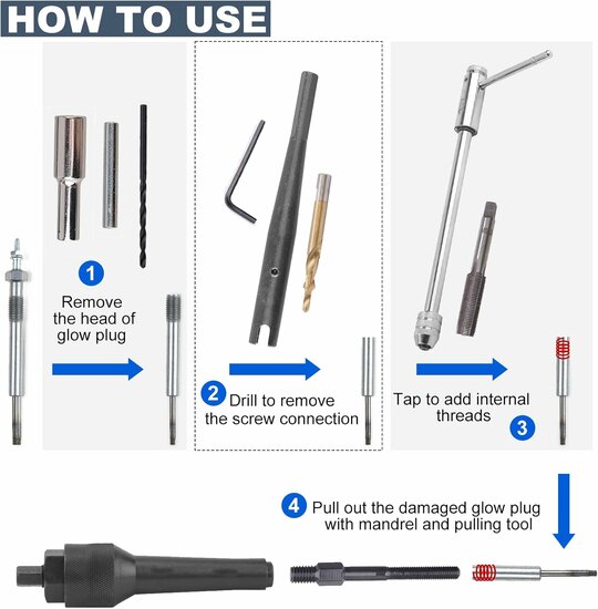 M8 en M10 gloeibougie verwijderingsset - reparatie set gloei bougies - uitboorset glowplug - uittrekset gloeibougies