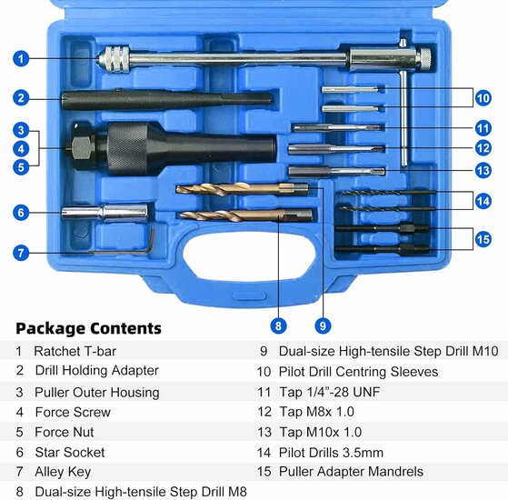 M8 en M10 gloeibougie verwijderingsset - reparatie set gloei bougies - uitboorset glowplug - uittrekset gloeibougies