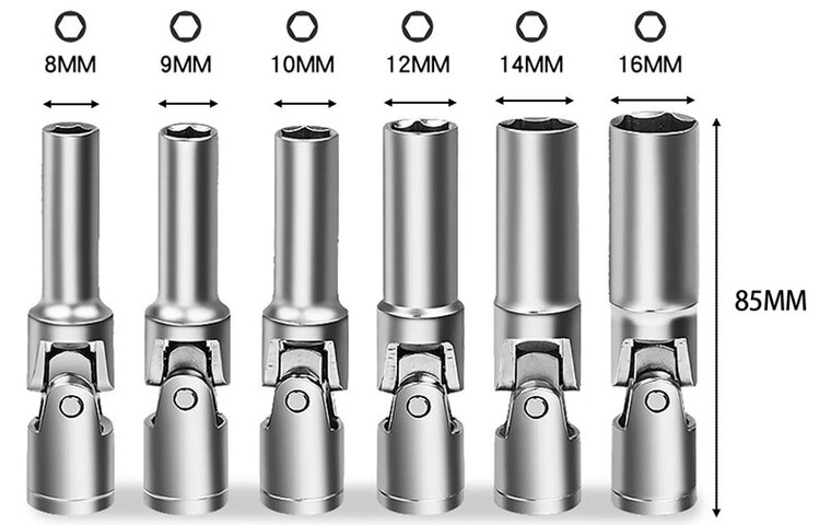 6 delige knikbaar 8 tot 16 mm 3/8'' aansluiting bougiesleutel set - bougie dop - bougiedoppen met draaikop - glow