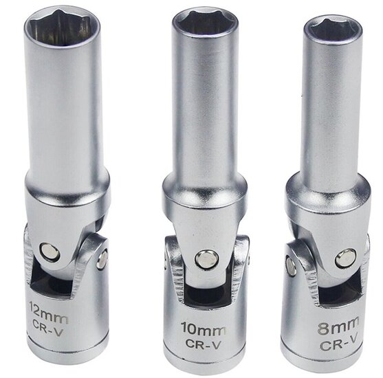 6 delige knikbaar 8 tot 16 mm 3/8'' aansluiting bougiesleutel set - bougie dop - bougiedoppen met draaikop - glow