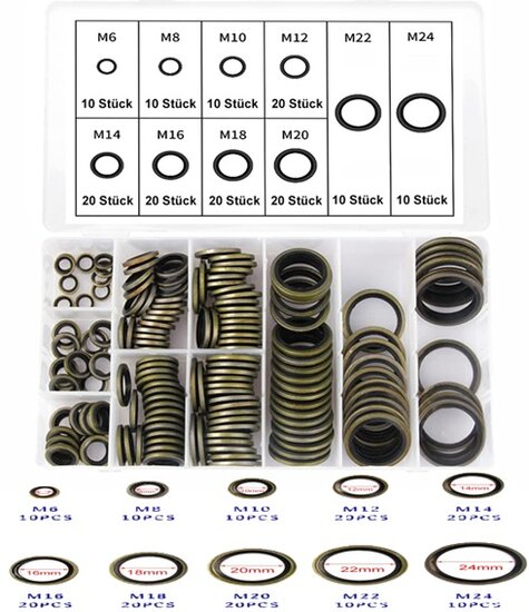 150 delige metalen en rubberen&nbsp;afsluitringen&nbsp;- metaal met rubber - afdichtingsringen - sluitringen - bonded seals