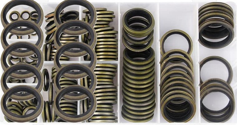 150 delige metalen en rubberen&nbsp;afsluitringen&nbsp;- metaal met rubber - afdichtingsringen - sluitringen - bonded seals