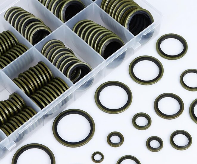 150 delige metalen en rubberen&nbsp;afsluitringen&nbsp;- metaal met rubber - afdichtingsringen - sluitringen - bonded seals