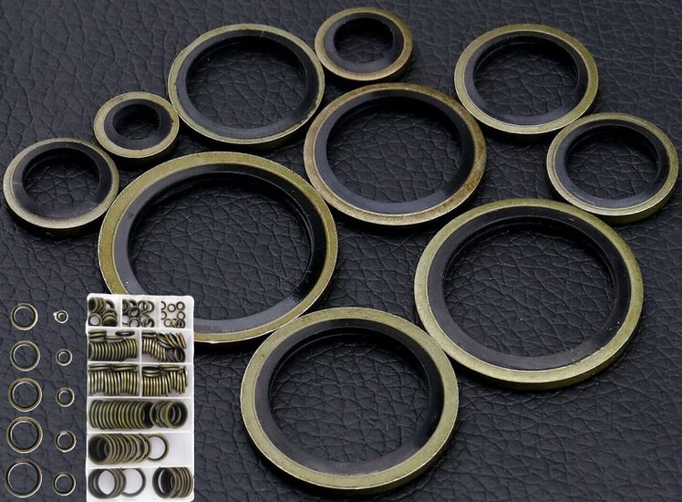150 delige metalen en rubberen&nbsp;afsluitringen&nbsp;- metaal met rubber - afdichtingsringen - sluitringen - bonded seals