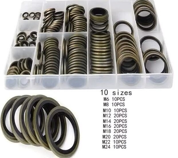150 delige metalen en rubberen&nbsp;afsluitringen&nbsp;- metaal met rubber - afdichtingsringen - sluitringen - bonded seals