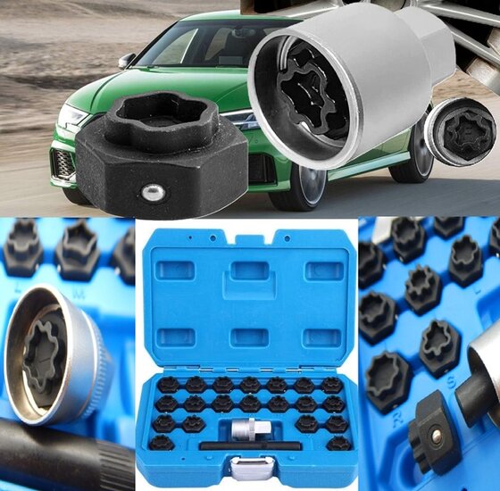 22 delige audi wielboutslot doppen - wielmoer slot sleutel set - anti wielbout demontage dop - speciale velgen dop - velgslotdo