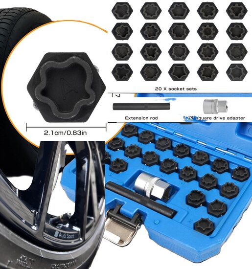 22 delige audi wielboutslot doppen - wielmoer slot sleutel set - anti wielbout demontage dop - speciale velgen dop - velgslotdo