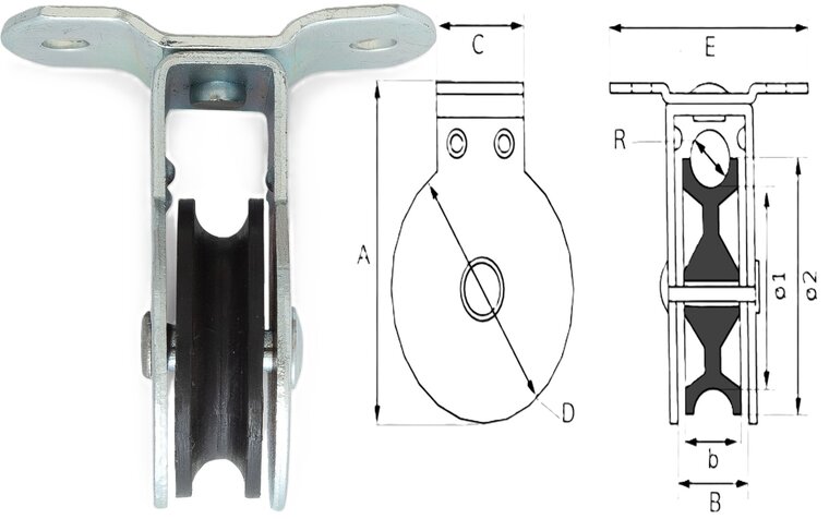 50 mm katrol 6.5mm diameter kabel - katrol met voetplaat - geleidekatrol - staandekatrol - hangende katrollen