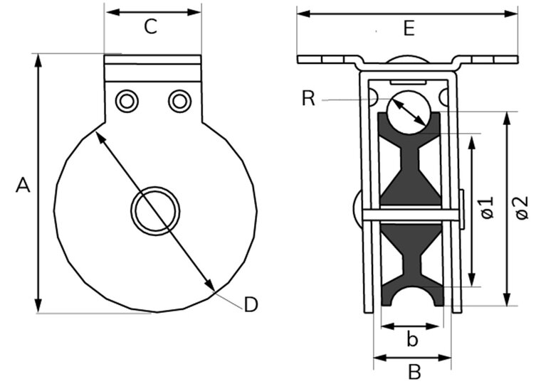 50 mm katrol 6.5mm diameter kabel - katrol met voetplaat - geleidekatrol - staandekatrol - hangende katrollen