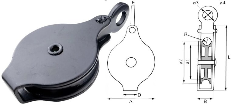 50 mm 6,5 mm diameter kabel hijskatrol - hangkatrol aan oog - trekkatrol - geleide katrol - kabelkatrol - katrollen