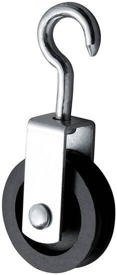 75 mm 12 mm diameter hang katrol met spitste haak - hangkatrol - trekkatrol - haakkatrol - ophangkatrol - katrollen